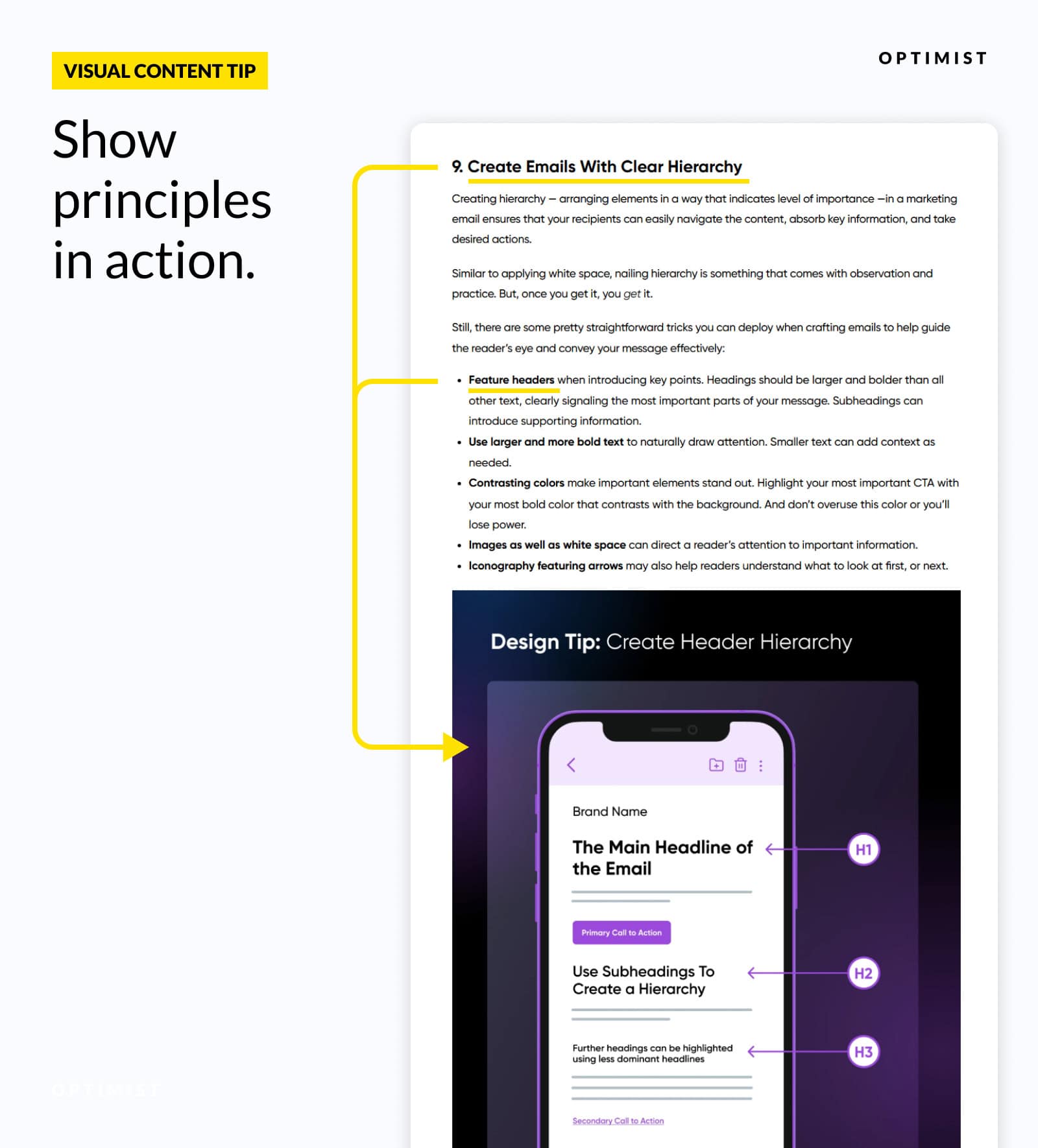 Visual design guide showing email hierarchy principles with text explanations and smartphone mockup demonstrating header formatting techniques.