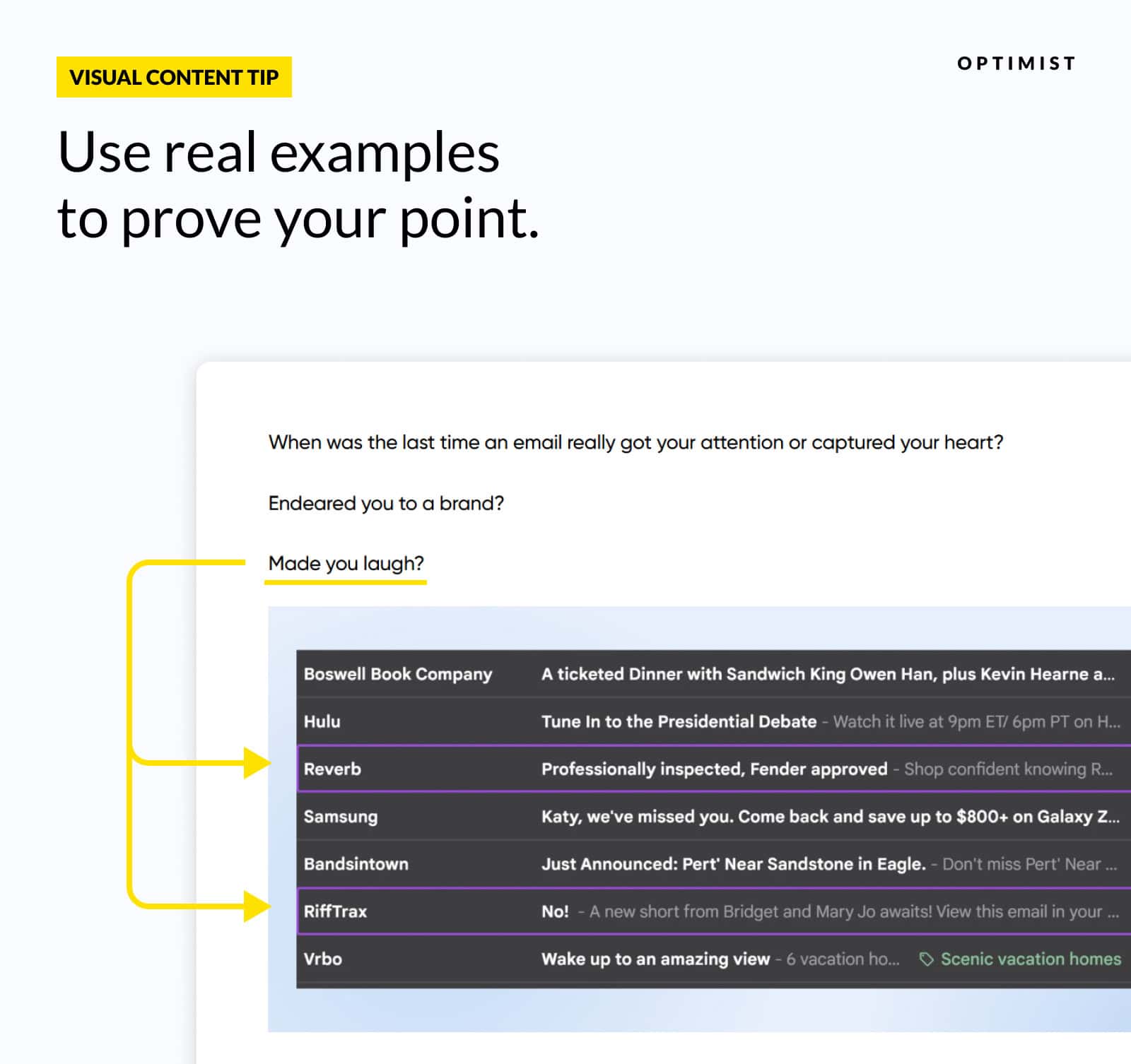 Visual content tip recommending using actual email examples, showing effective subject lines from brands like Hulu, Reverb, and Samsung to demonstrate engaging techniques.