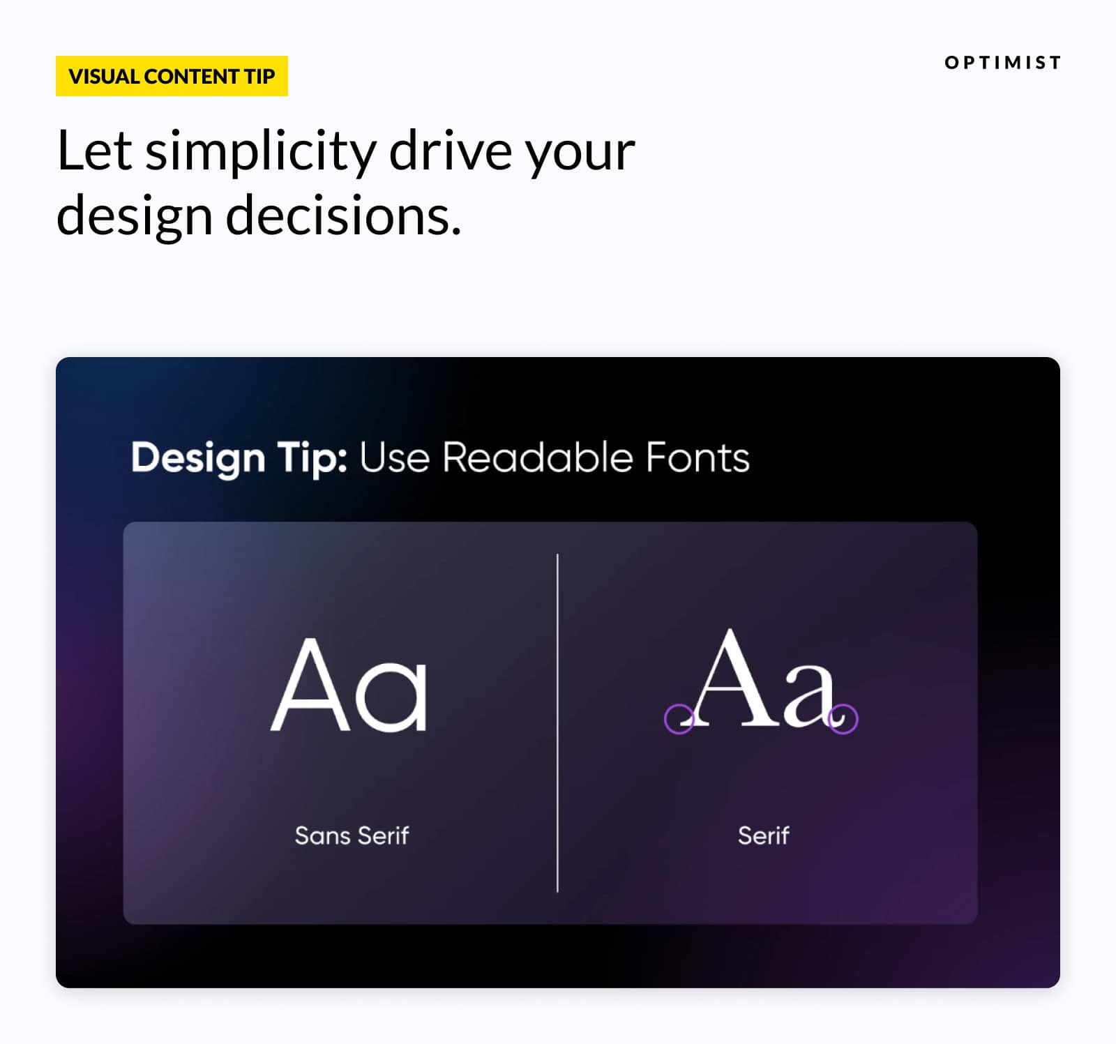 Design tip highlighting font choices with comparison between clean Sans Serif and decorative Serif typefaces.