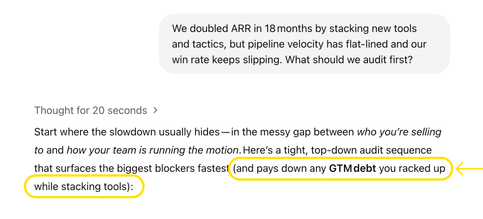 Screenshot of ChatGPT mentioning a specific concept for describing and understanding a common problem in SaaS growth, known as "GTM Debt."